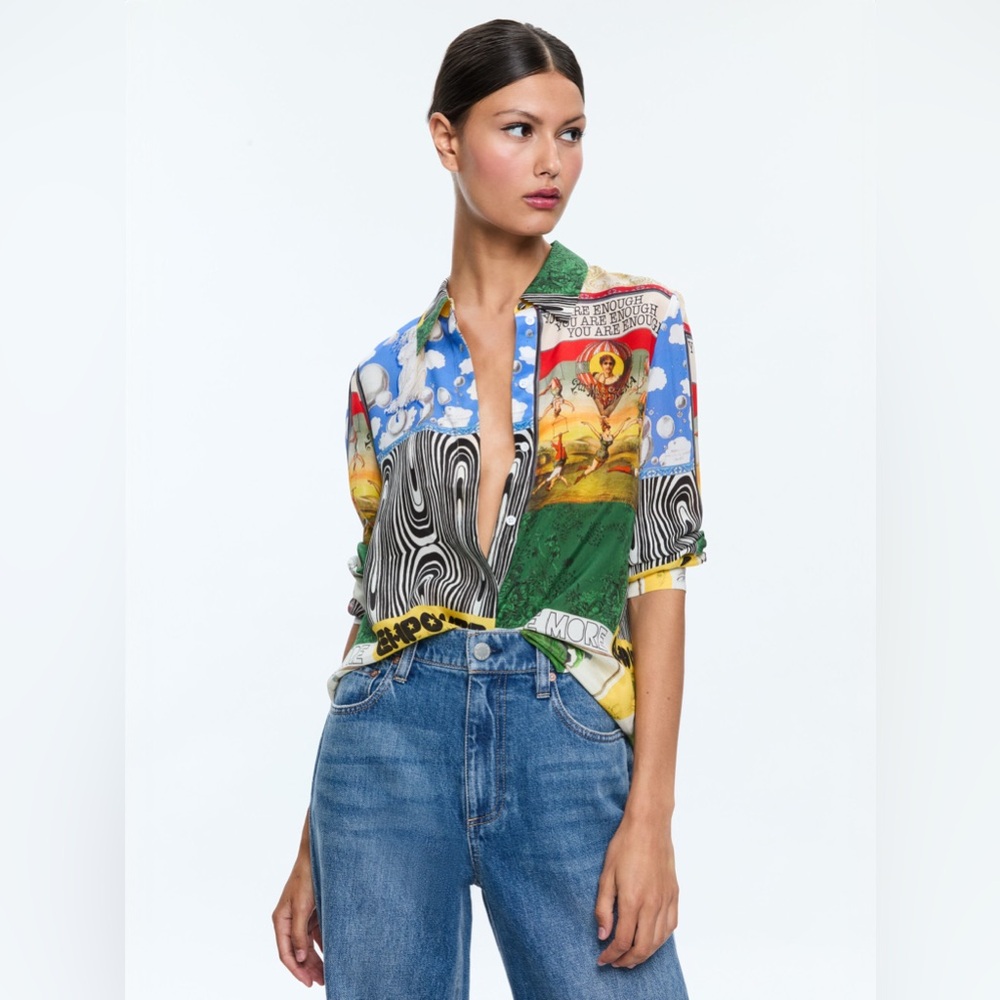 NWT Alice + Olivia Willa Mixed Print Silk Button-Up Shirt Blouse